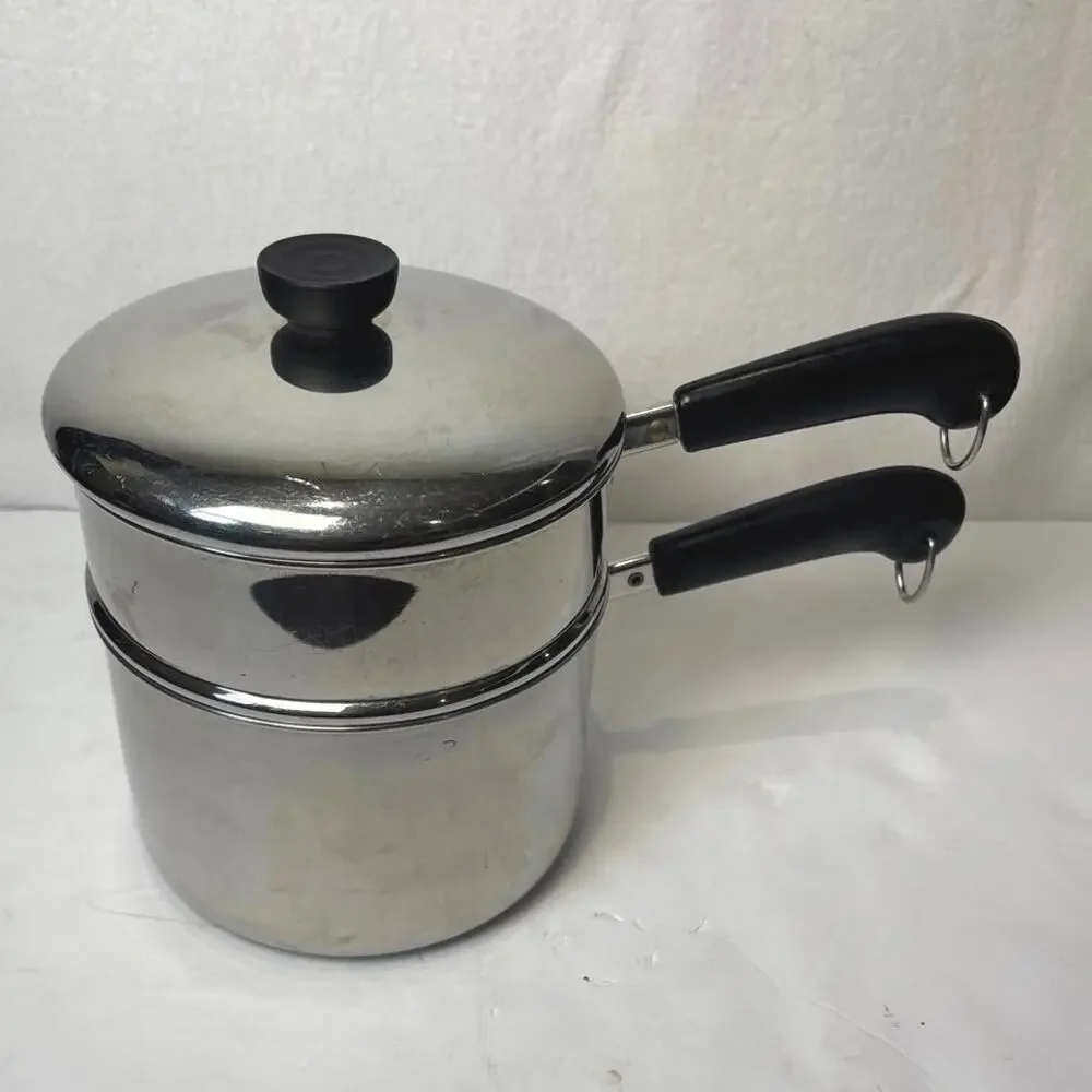 Vintage Revere Ware 3 Qt Saucepan w Double Boiler Insert Tri-Ply Disc Bottom